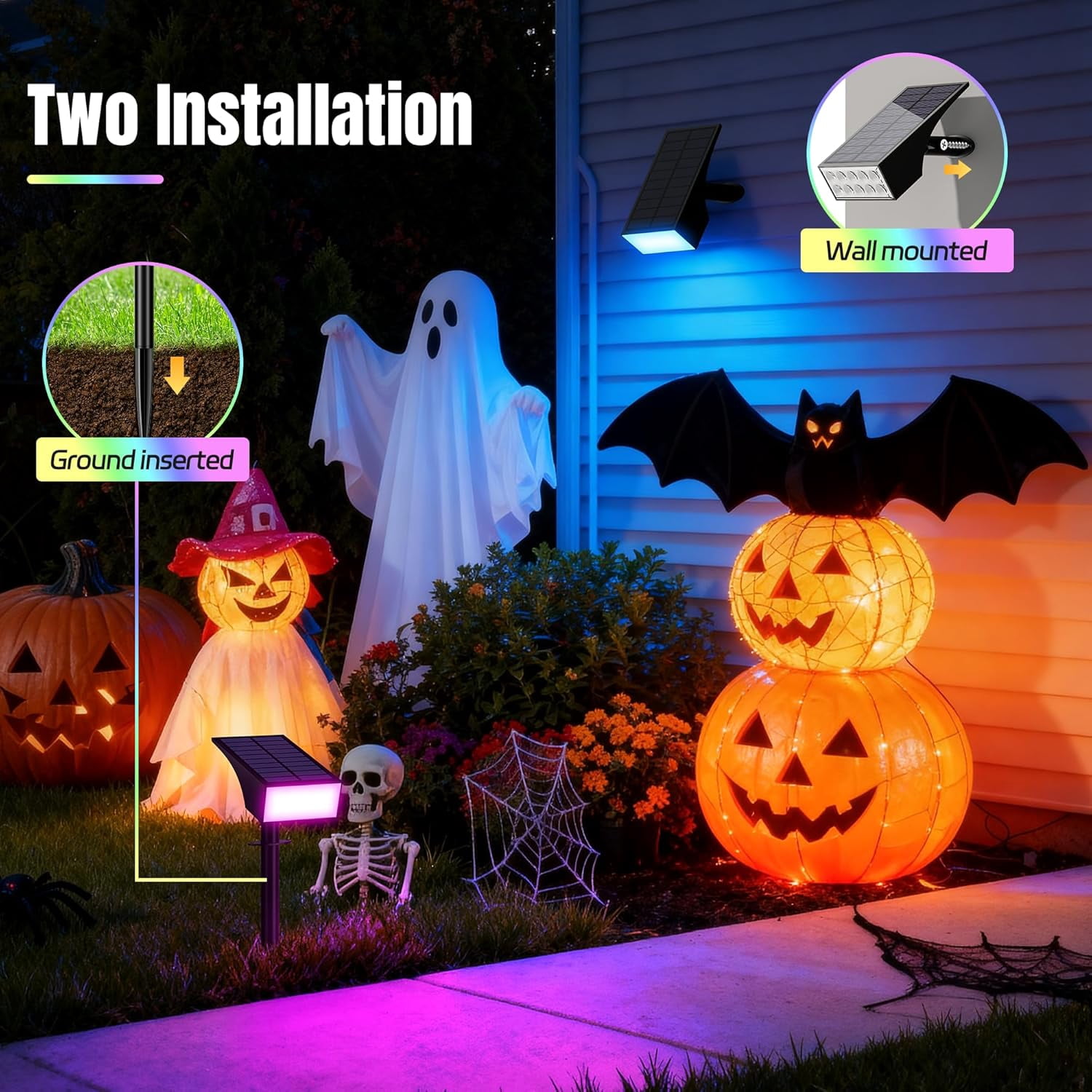 12-Pack Solar Spot Lights Outdoor Color Changing - 7 Lighting Modes for Christmas & Halloween Decor, Waterproof LED Flood Light for Yard, Garden, Pathway.