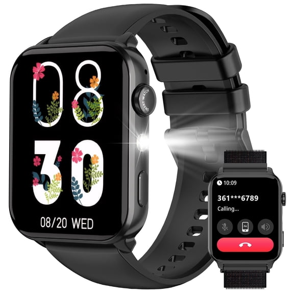 IOWODO Smart Watch for Men Women, 1.91" HD Fitness Tracker Watch with Bluetooth Calling, Built-in LED Flashlight, 100 Sports Modes, IP68 Water-Resistant, Message Reminder, Android iPhone, Black