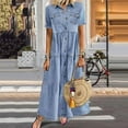 thumbnail image 3 of Walbest Retro Women Denim Dress, Summer Casual Short Sleeve Turn Down Collar Pockets Button Long Loose Dress, 3 of 7