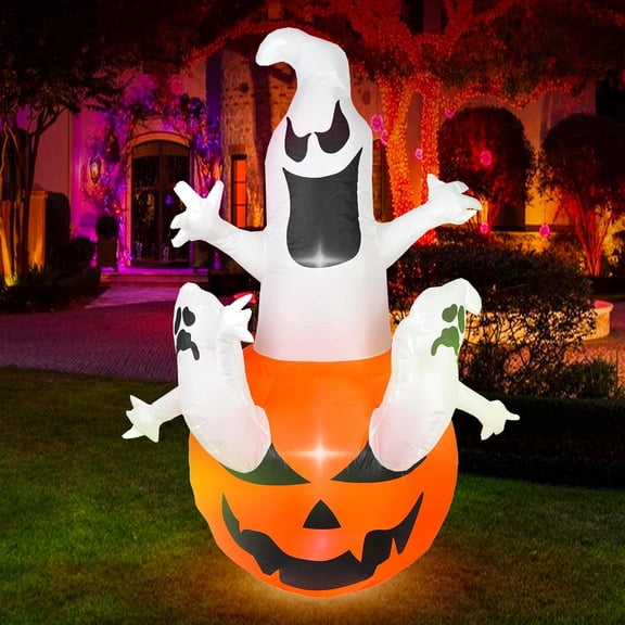 6FT Halloween Inflatable Pumpkin with 3 Ghosts & Built-in LED Lights, Blow Up Yard Decoration for Outdoor Lawn, Garden, Party – Weatherproof Oxford Cloth, Quick Setup