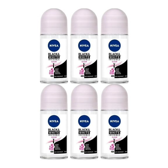 Nivea Black & White Invisible Clear Deodorant, 1.7oz(50ml) (Pack of 6)