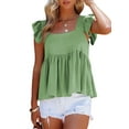 thumbnail image 2 of Women'S Casual Square Neck Ruffle Cap Sleeve Peplum Babydoll Blouse Tank Top Green S, 2 of 9