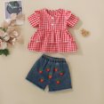 thumbnail image 2 of Xyant Toddler Baby Girl Summer Clothes Plaid Short Sleeve Shirts Dresses Tops Strawberry Denim Shorts Cute 2 Piece Outfits Set (Red,2-3 Years), 2 of 7