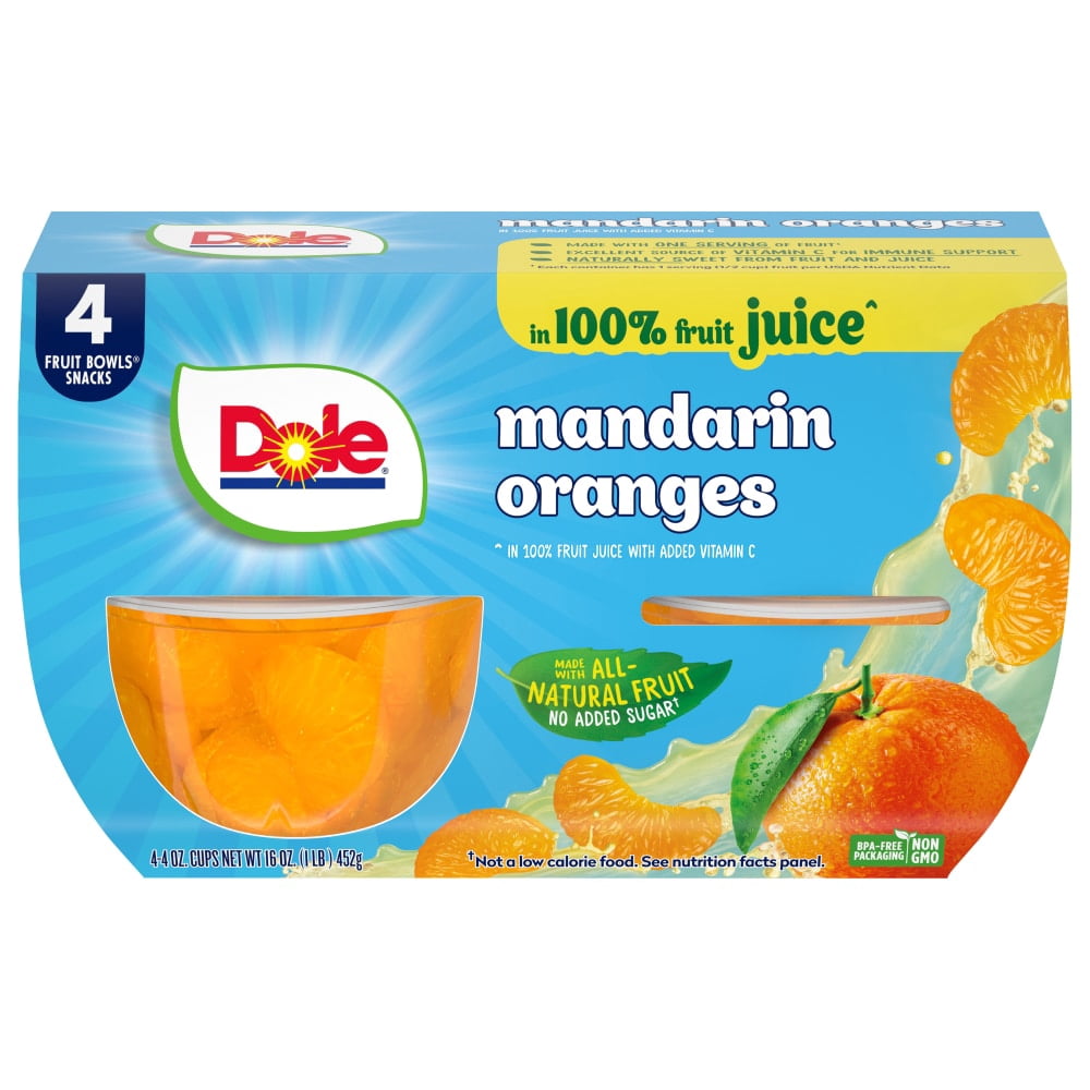 Dole Fruit Bowls Mandarin Oranges In 100% Fruit Juice Cups 4 ct / 4 oz - 3 Pack