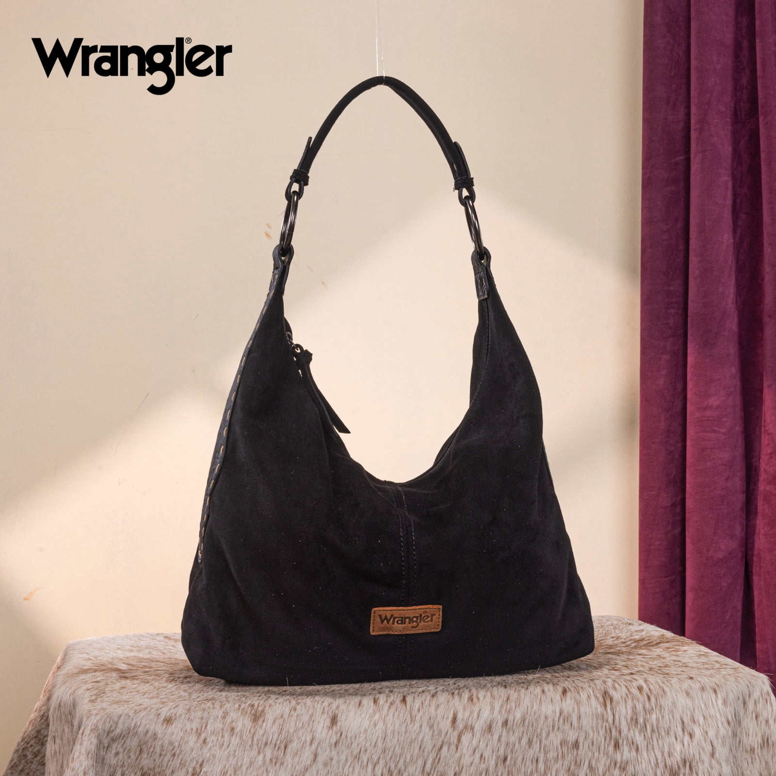 Wrangler Suede Hobo Purse for Women Embossed Soft Slouchy Shoulder Bag 2Pcs Set, Black