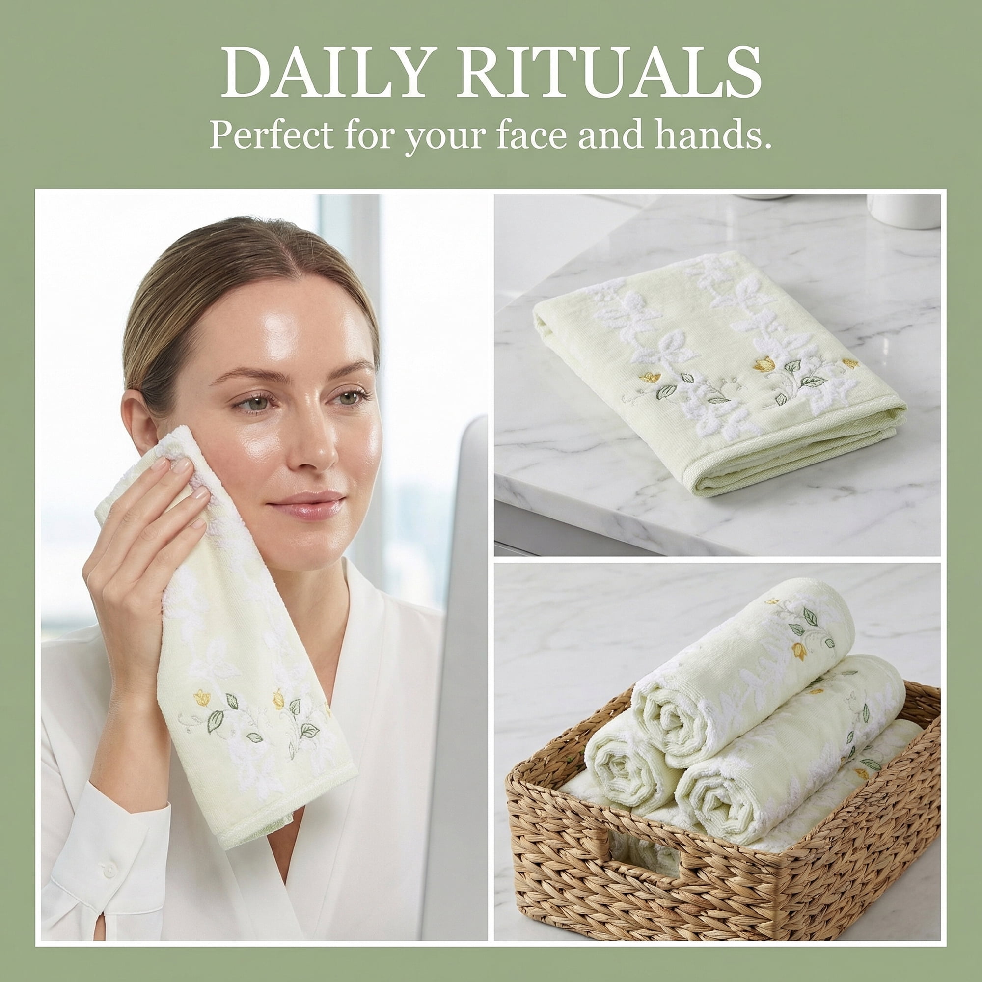 Unique Bargains Cotton Jacquard Hand Towels with Floral Embroidery Green 1pc 27" x 13"
