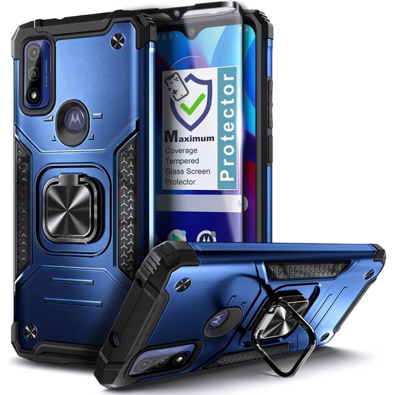 Nagebee Case for Motorola Moto G Pure (2021) with Tempered Glass Screen Protector (Full Coverage), Full-Body Protective [Military-Grade] Magnetic Car Mount Ring Holder Heavy-Duty Durable Case (Blue)