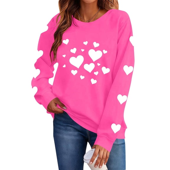 Atogsazn Women's Valentine's Day Sweatshirts Casual Cute Heart Long Sleeve Pullover Sweatshirt Blouse Fall Tops 03-Hot Pink XS Fashion