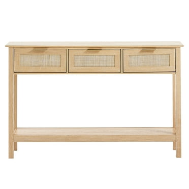 KFFKFF Rattan Accent Table, Includes 3 Drawers for Storage, Features a Rattan Sliding Door, Ideal for Living Spaces, Studies, Hallways, or as a TV Stand, Crafted with a Natural Finish
