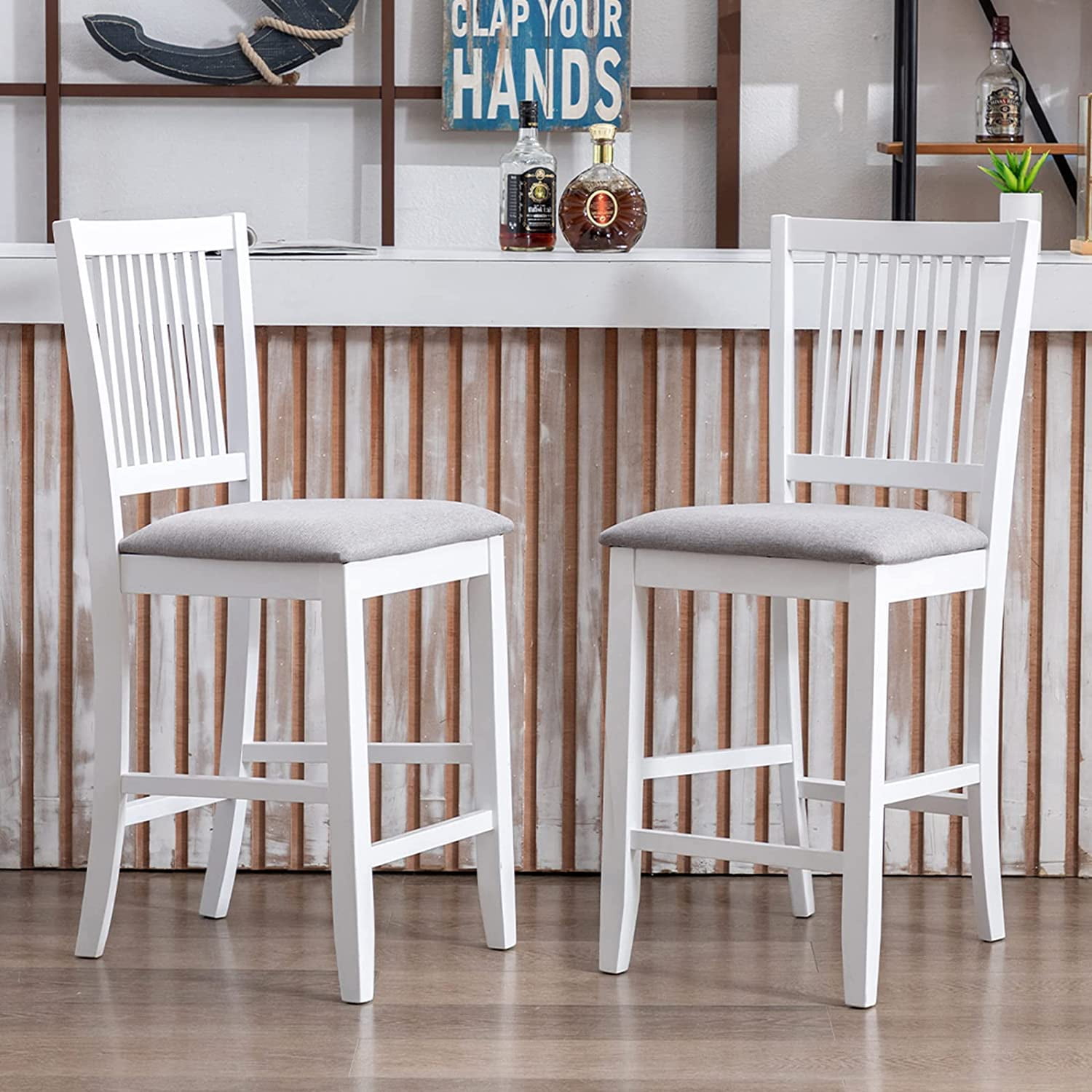 Duhome Wood Bar Stools with Back Set of 2, Counter Height Chairs Upholstered Barstool Farmhouse Counter Stools for Kitchen Island, White