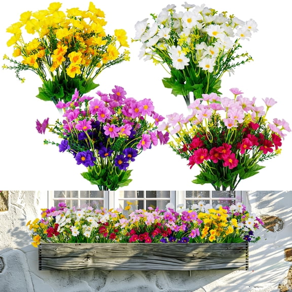 YOLETO 12 Bundles Artificial Flowers, 4 Assorted Colours Daisies, 13 inches UV Resistant Fake Flora for Outdoor and Indoor, Plastic Faux Flower Bouquet for Garden Patio Window Box Porch Home Decor