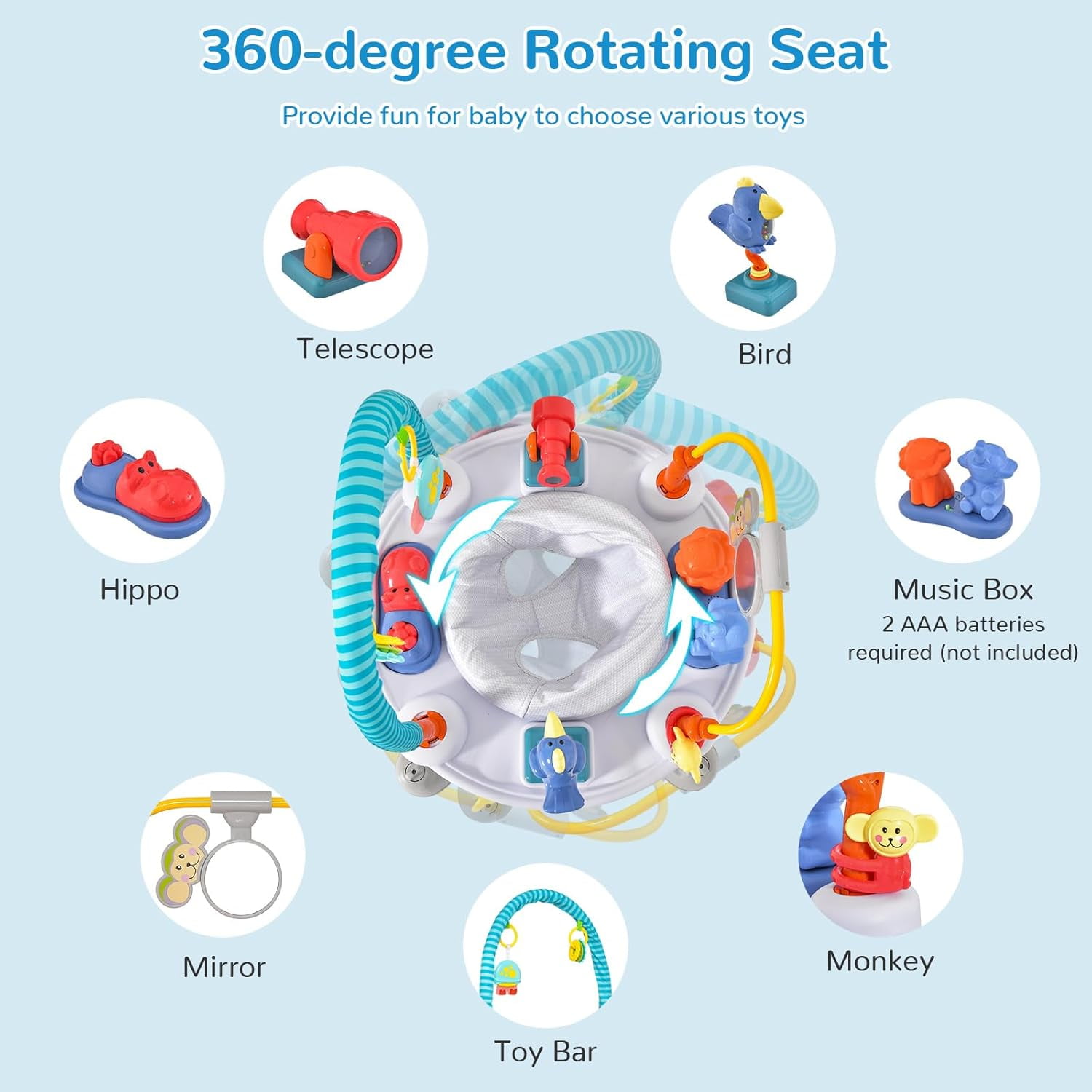 INFANS 5 in 1 Baby Activity Center with 8 Toys, Play Mat, 360°Rotating Seat, Foldable Infant Learning Table with 3 Adjustable Height for 0-24 Months