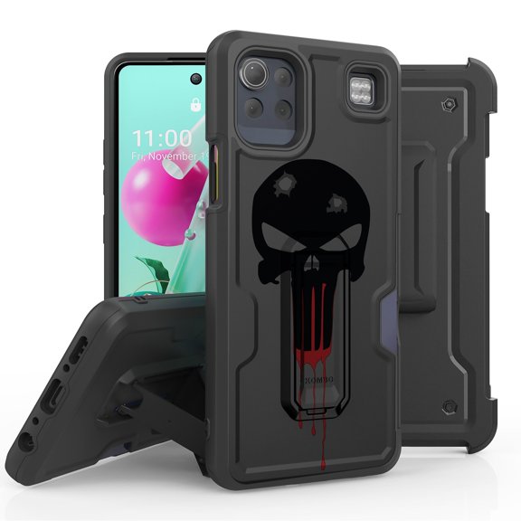 ANJ  Rugged Hybrid Shockproof Case w/Kickstand   Holster Clip Card Slot Cover for LG K92 5G - Battle Skull