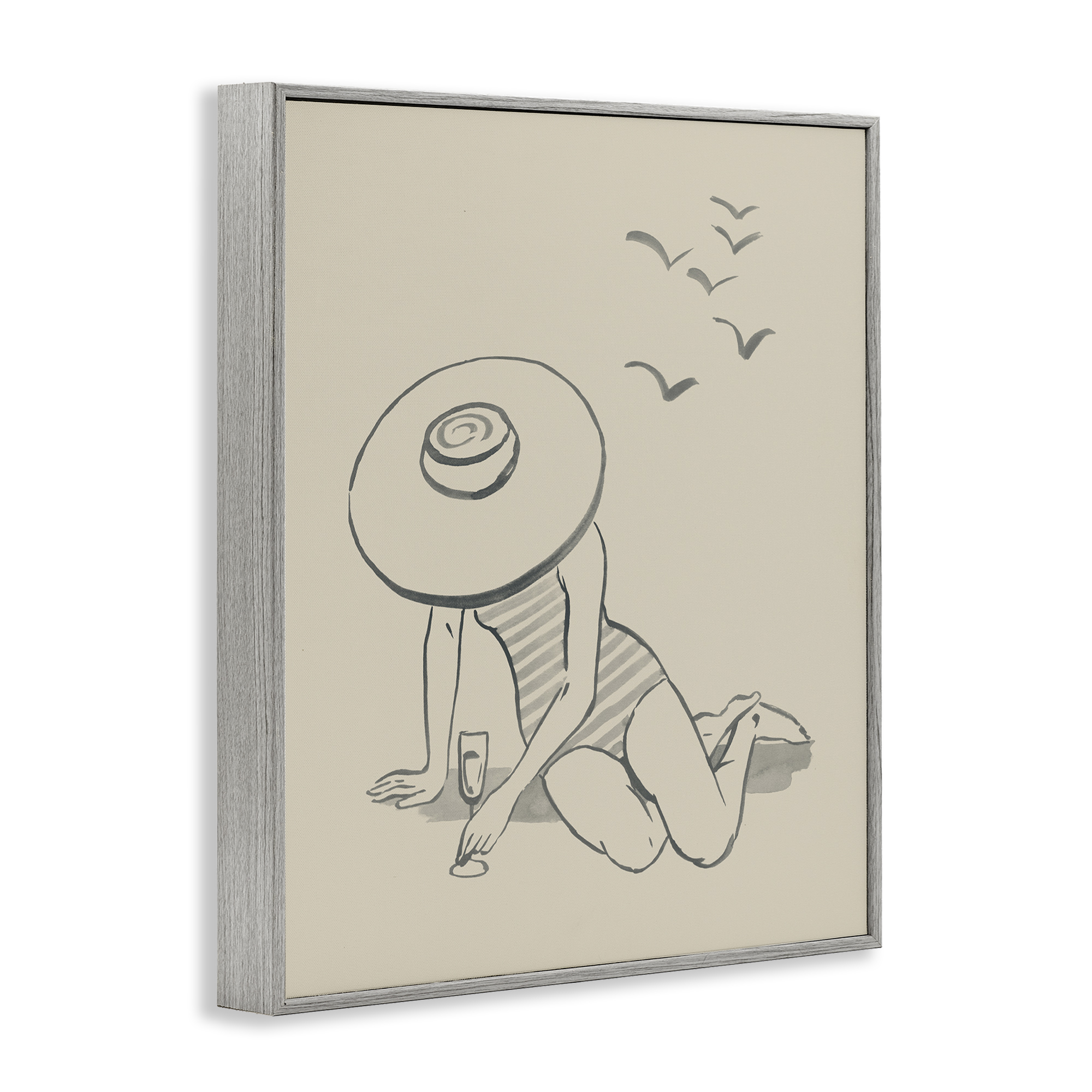 Stupell Industries Girl on Beach Sketch Novelty Drawing Gray Framed Art Print Wall Art, 24 x 30