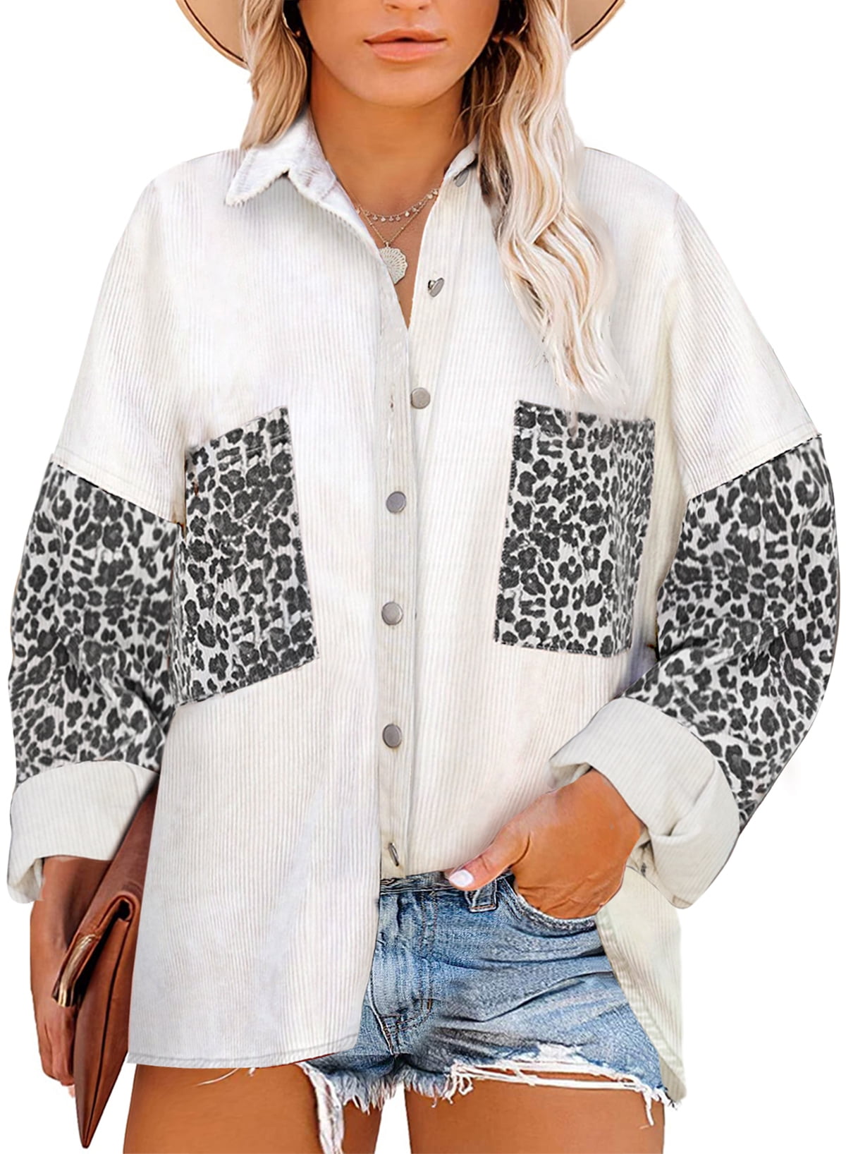Eytino Women's Plus Size Shacket Contrast Leopard Jacket Long Sleeve ...