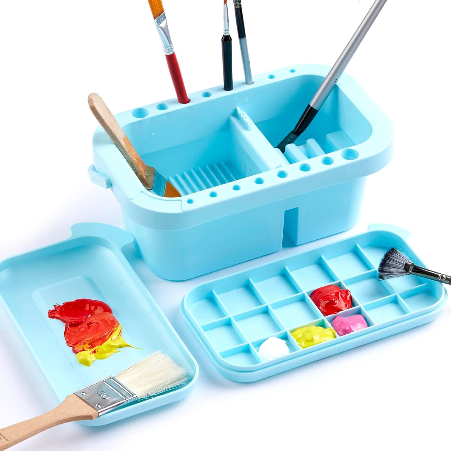 ABPETE Paint Brush Basin with Palette,Painting Art Supply Storage Organizer for Acrylic, Watercolor, and Water-Based Paints(Grey)