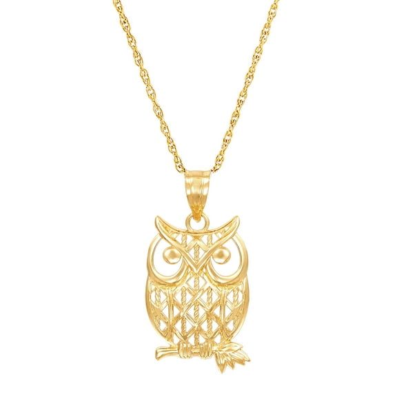 Brilliance Fine Jewelry 10K Yellow Gold Filigree Owl on Gold Filled Necklace,18"