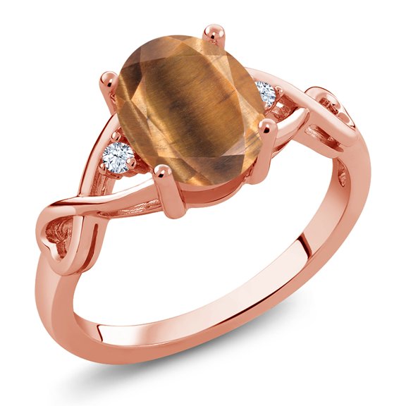 Gem Stone King 1.59 Ct Oval Brown Tiger Eye 18K Rose Gold Plated Silver Ring (Size 9)