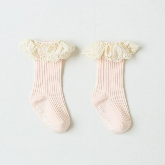 Nvzi-a newborn toddler child girl baby high knee knitted socks cute ruffled lace stockings autumn and winter (lotus root pink)