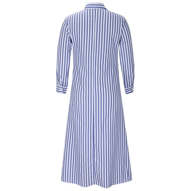 Womens Long Sleeve Button Down Shirts Long Dress V Neck Collared Striped  Maxi Dress Casual Loose Basic Blouses Dress