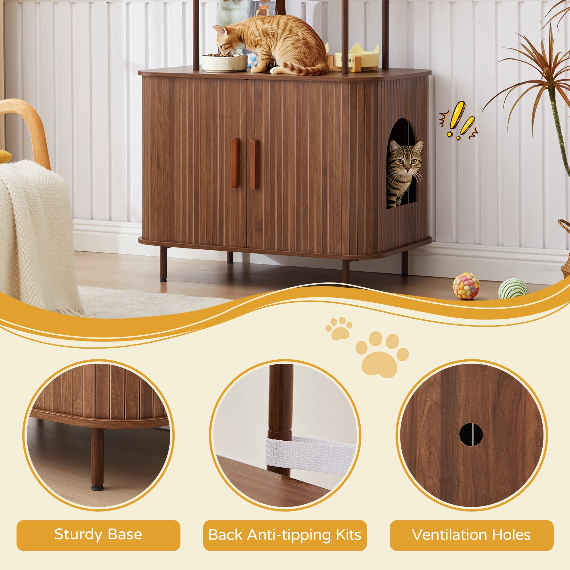 Wirrytor 63" Tall Cat Litter Box Enclosure with Sliding Doors, 3-Tier Hidden Litter Box Cabinet with Anti‑Tip Kit for Living Room, Walnut