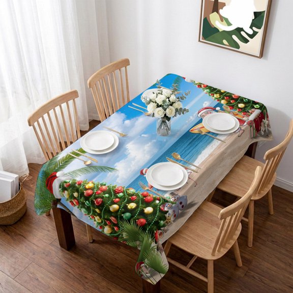Coastal Christmas Table Cloth Waterproof Tablecloths, Xmas Santa Tree Flaming Beach Tablecloth Dining Table Cover for Kitchen Party Tabletop Outdoor, Rectangle Tablecloth 52x70 Inch