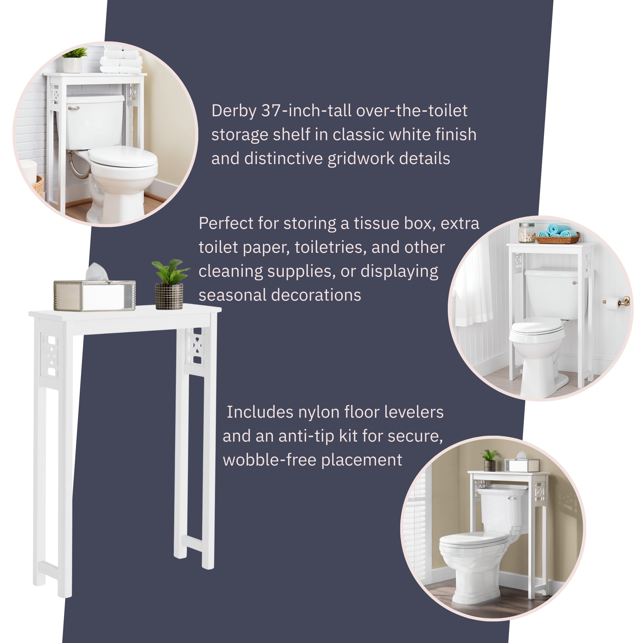 Alaterre Furniture Derby Over Toilet Storage Shelf, 27 in. W x 37 in. H, White, Space-Saving Bathroom Organizer with Fixed Shelf and Open Gridwork Design