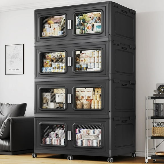 Broview 880QT Stackable Storage Bins with Lids, Extra Large 220Gal Foldable Crates for Family Storage, Kids Sports Gear, Holiday Decor, Space Saving Collapsible Toy, Closet Organizers, 4-Pack Black