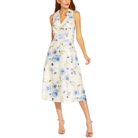 Adrianna Papell Women's Floral Jacquard Sleeveless Fit & Flare Dress Blue Size 16