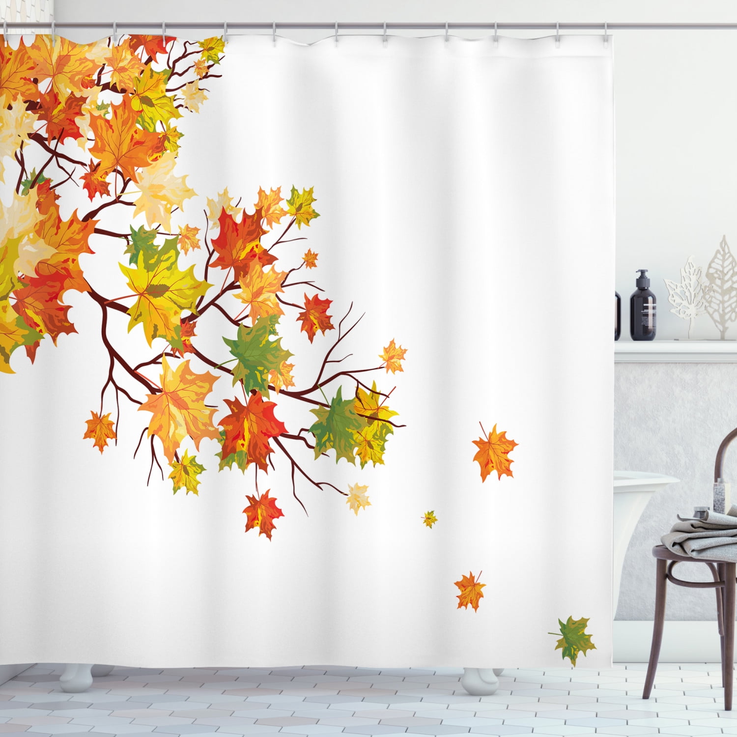 Maple Leaf Design Water-resisitant Fabric Shower Curtain Set with 12 Hooks 