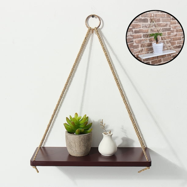 Wood Rope Hanging Floating Shelves Rustic Wood Hanging Shelf With Gold Ring Wall Hanging Rope Shelves For Living Room Bedroom Bathroom And Kitchen 18 X 6 Shelf Walmart Com Walmart Com