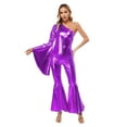 thumbnail image 2 of Sxiwei Womens Metallic Shiny Bell-Bottom Dance Jumpsuit Romper 70s Disco Hippie Costume Clubwear Purple S, 2 of 6