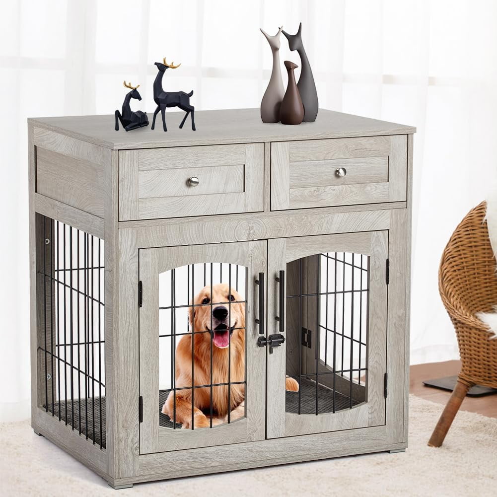 Large Gray Wooden Dog Crate Table with Cushion and Drawers