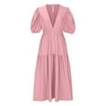 thumbnail image 5 of Wycnly Summer Dresses for Women Summer Dresses for Women 2025 Lantern Sleeve Elastic Waist Flowy Pleated Swing Beach Boho Dress Women Fashion Solid V-Neck Short Sleeve Long Dresses, 5 of 6