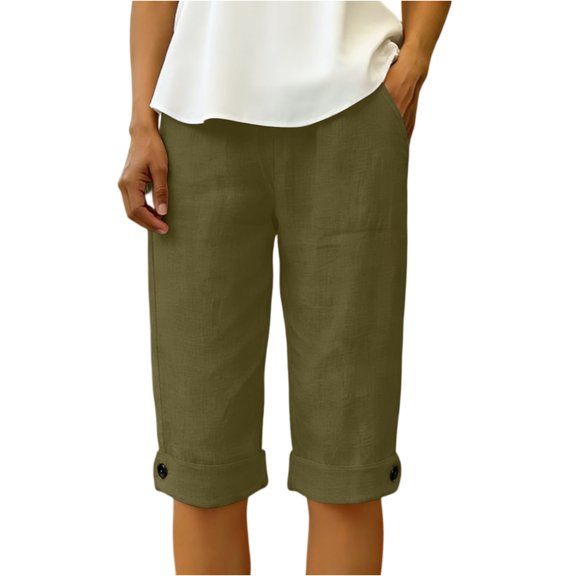 Shorts for Womens Summer Casual Elastic Waist Drawstring Shorts with Pockets Knee Length Bermuda Shorts Rolled Hem Button Beach Pants