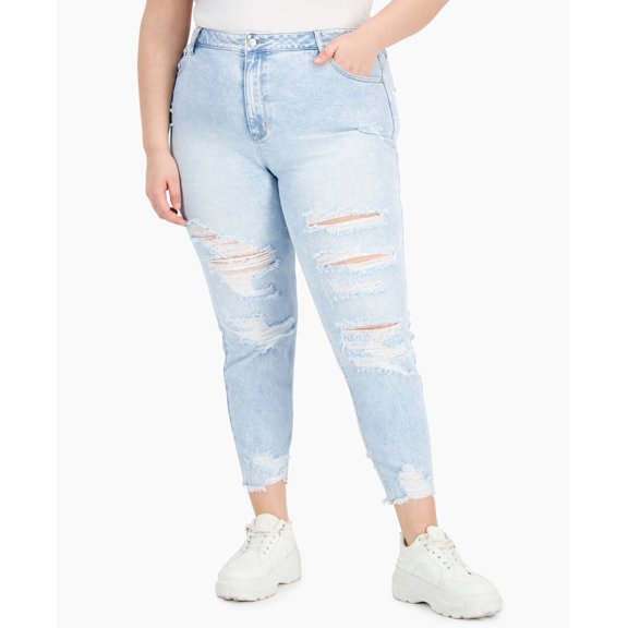 Tinseltown Trendy Plus Size Destructed Mom Jeans Sabina Wash 16W