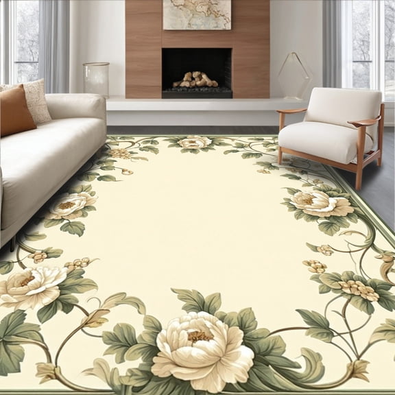 ODIKA 4'x6' Machine Washable Non-Slip Area Rug, Sage Green with Floral Medallion and Scrollwork Detail High Traffic Rug, Beige, 75623