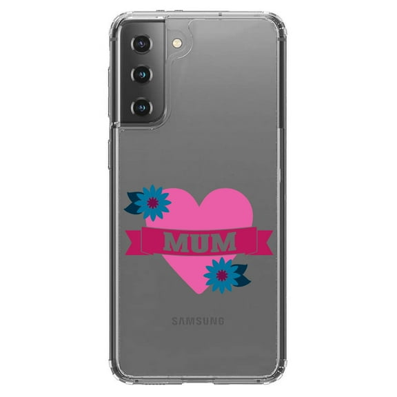 DistinctInk Clear Shockproof Hybrid Case for Galaxy S21 5G (6.2" Screen) - TPU Bumper Acrylic Back Tempered Glass Screen Protector - Love Mum - Flower Heart Banner