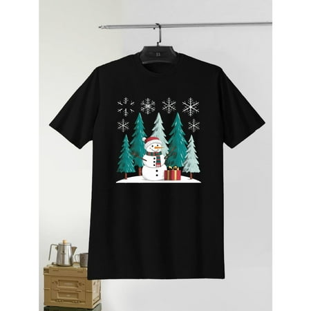 Snowman Snowflakes Tee Festive Winter Scene Design T Shirt Casual Crew Neck Comfort Top Black S-5XL