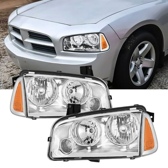 Nilight Headlight Assembly Compatible with 2006 2007 2008 2009 2010 Dodge Charger Chrome Housing Amber Reflector Clear Lens Headlights Replacement Bumper Lamp Set Driver and Passenger Side