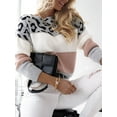 thumbnail image 5 of Women'S Leopard Printed Striped Sweater Crewneck Knitted Long Sleeve Color Block Pullover Pink S, 5 of 6