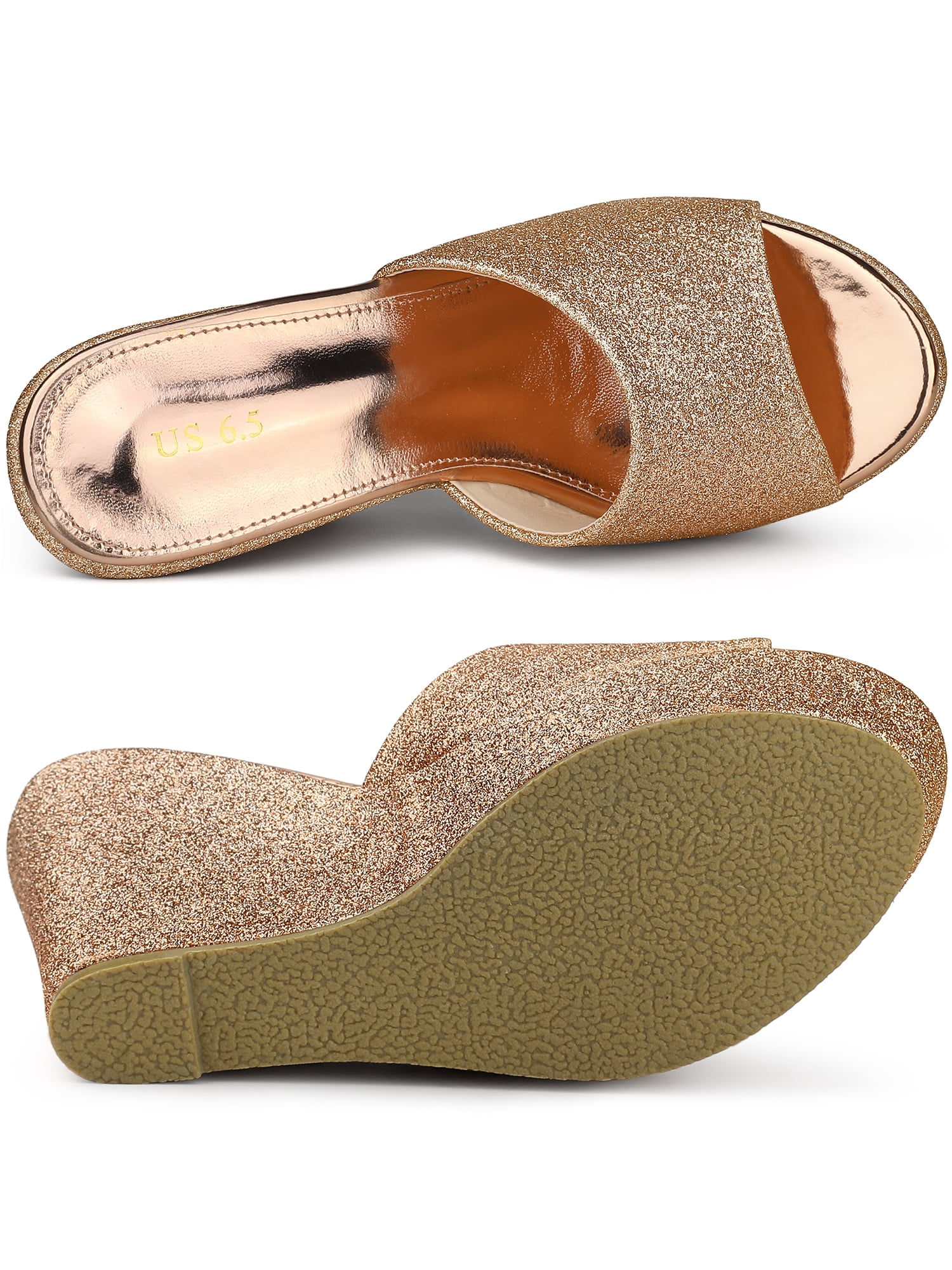 DARING DIVA Women's Glitter Platform Slip-on Wedge Heels Sandals Rose Gold 6.5