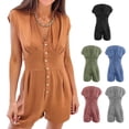 thumbnail image 4 of Monos cortos de verano con cuello en V para mujer, con botones frontales, cintura alta, color puro, para uso diario, 4 of 6