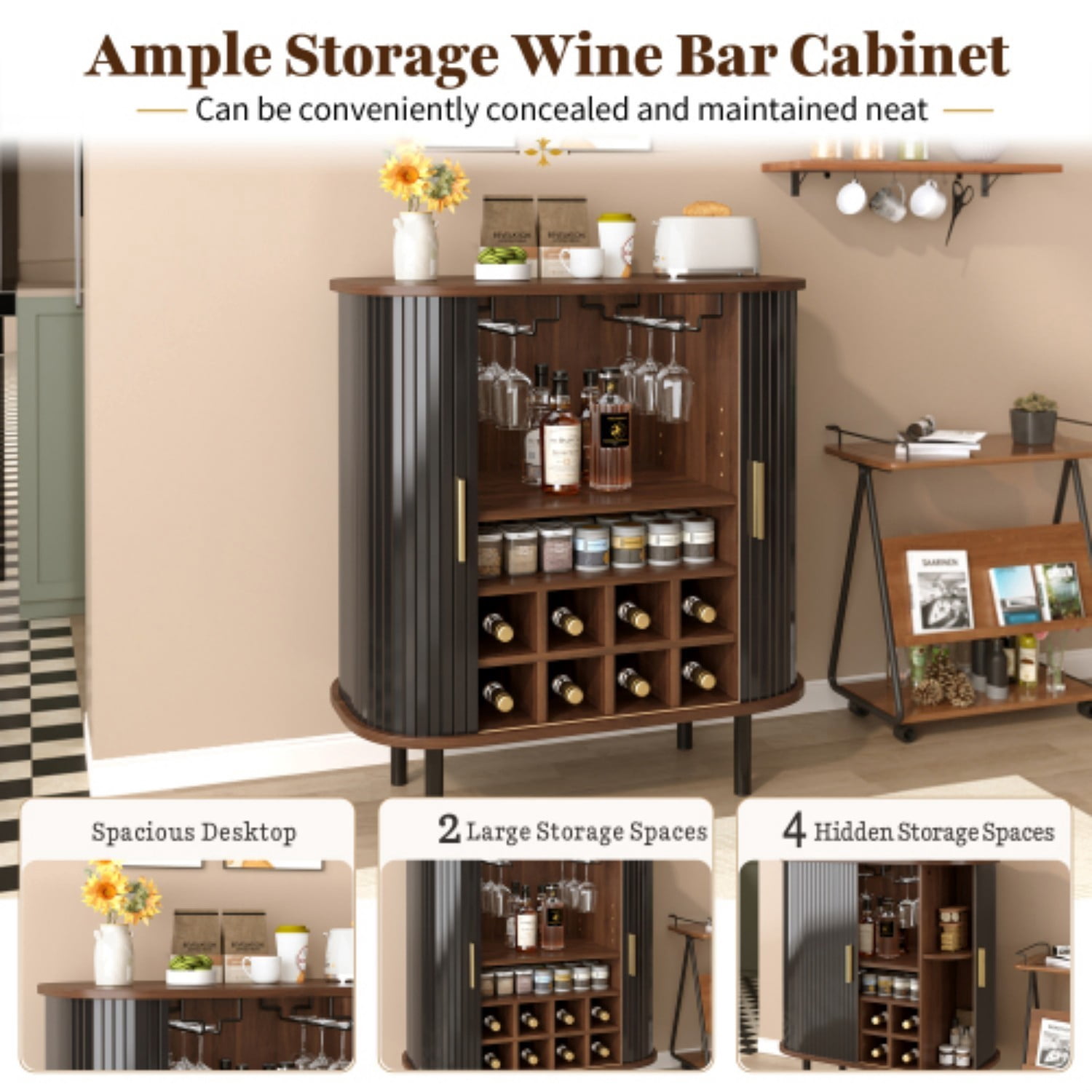 28" Fluted Wine Bar Cabinet, Modern Liquor & Coffee Bar Station with Sliding Tambour Doors, Wine Rack, Glass Holders & Adjustable Shelves, Black