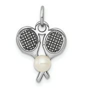 14k White Gold Tennis Racquets With Cultured Pearl For Ball Pendant 20 mm x 13 mm