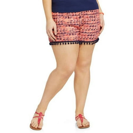 Juniors' Plus Printed Challis Short With Pom Pom Trim