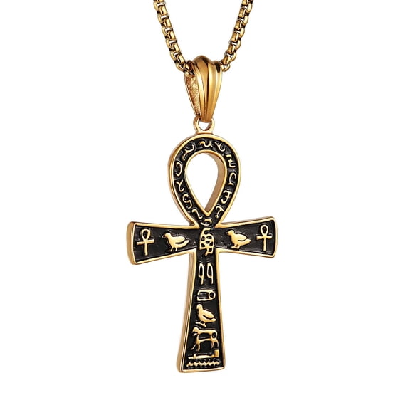 HZMAN Stainless Steel Large Ankh Cross Pendant Ancient Egyptian Hieroglyphic Symbol 22 2 Inch Chain（Gold-Big）