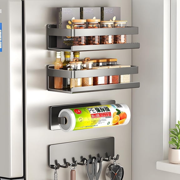4 Pack Kitchen top of fridge Storage Organizer, Include Magnetic Spice Rack for Refrigerator, Paper Towel Holder, Kitchen Utensil Hanger and Hooks, seasoning rack Shelves