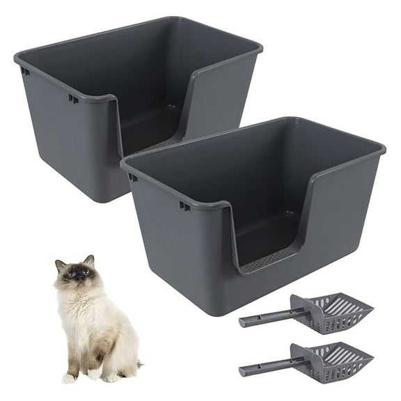 2 Pack Grey Litter Box, 16 Inch High Sides Litter Box for Multi Cat Households, Easy Cleaning, Includes 2