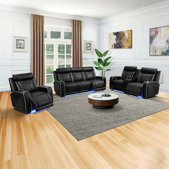 Breathing Leather Power Recliner Sofa Set, Living Room Furniture 3 Piece, Leather Couch Set 3 Seat Reclining Sofa Loveseat and Chair with LED/Cup Holders/Storage for Home Theater (Black)